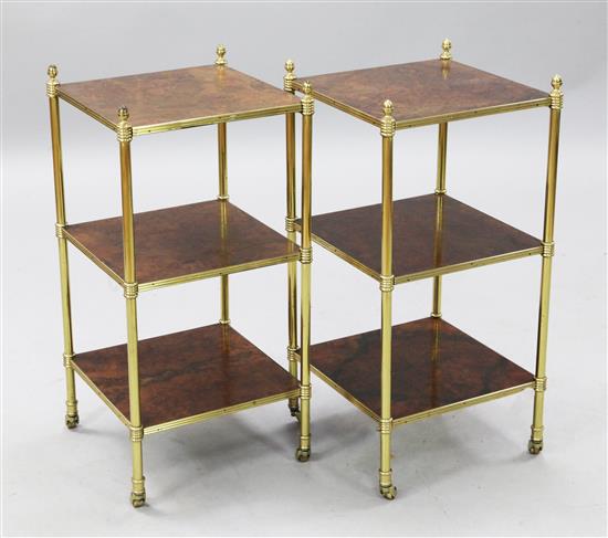 A pair of brass and burr walnut three tier etageres, W.1ft 1in. D.1ft 1in. H.2ft 2in.